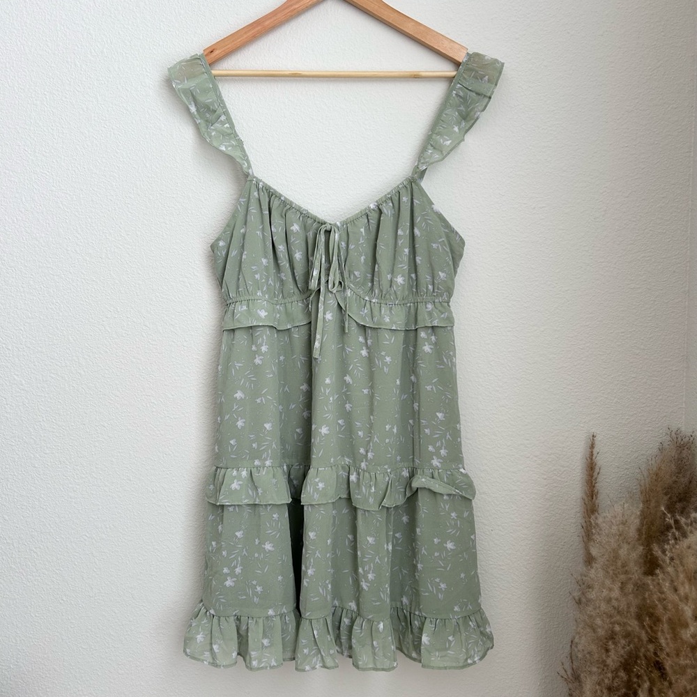 Altar’d State Green Floral Ruffled Mini Dress Medium